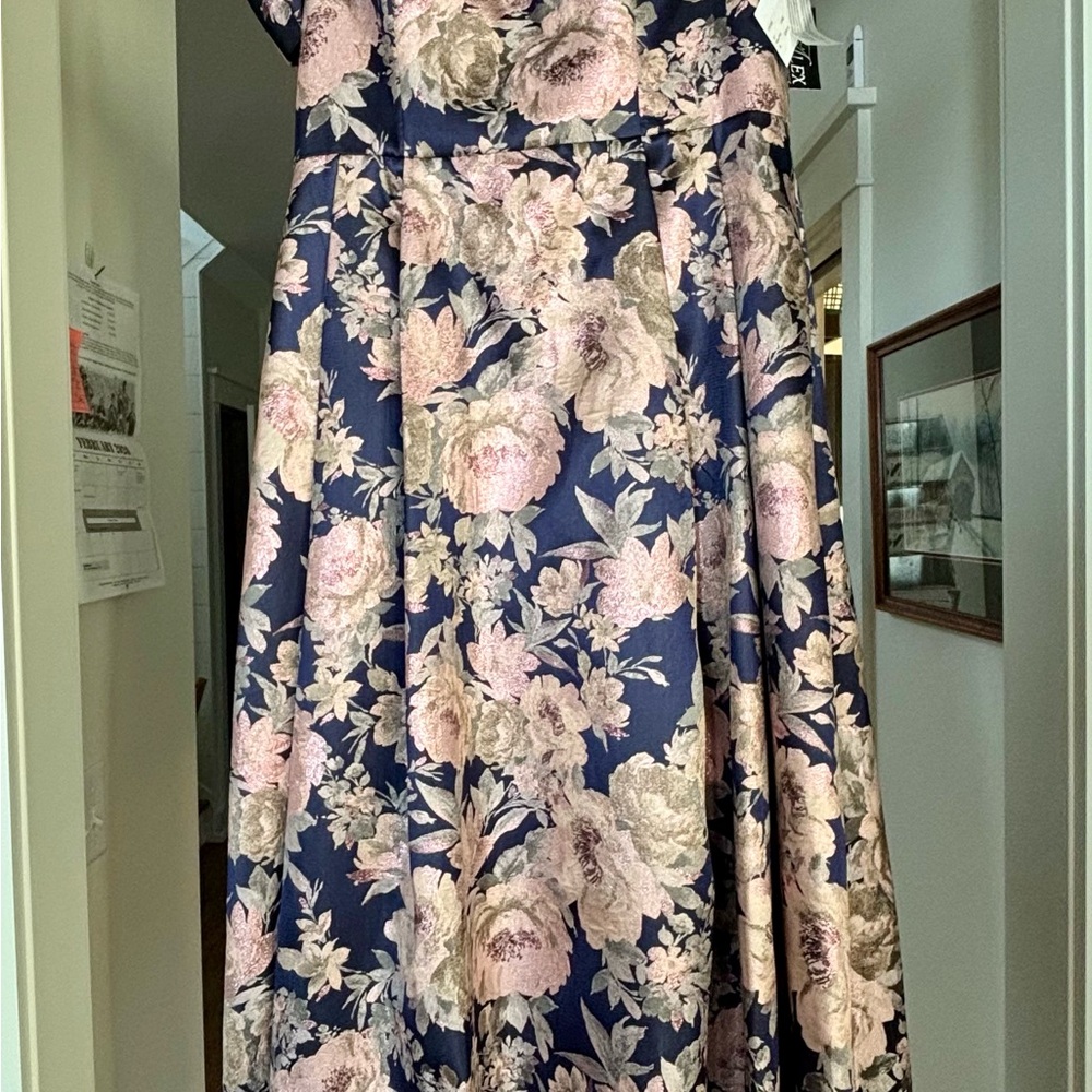 Alex Evenings
Navy, pale Pink & Silver floral, off-the-shoulder gown w/pockets!